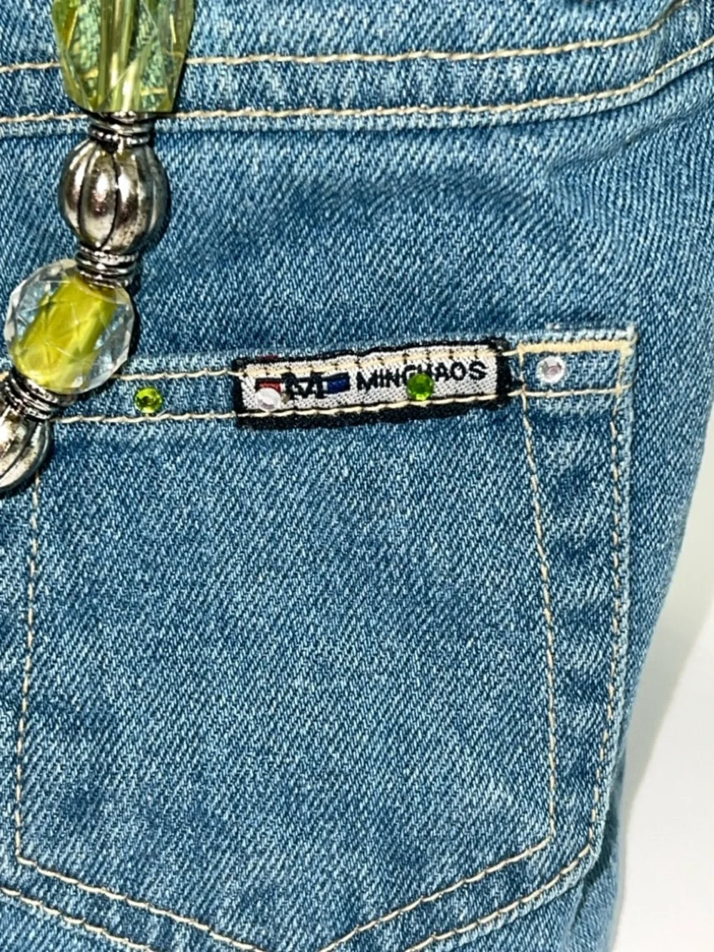 NWT MINGHAOS Denim Bag With Lime Green Belt and Beaded Handles - Picture 5 of 14